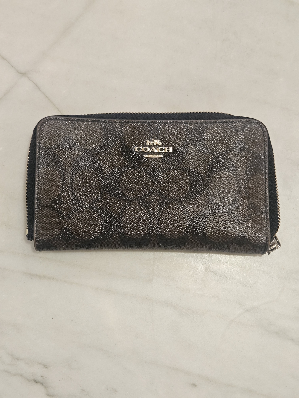 COACH Medium Zip Around Wallet Signature Coated Canvas Brown Broken Zippers